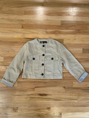Zara linen texture Neutral Beige Boxy Cropped Jacket with Patch Pockets
